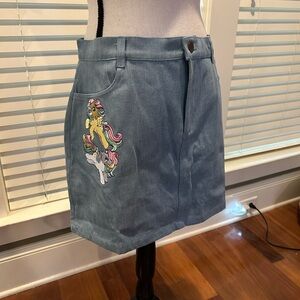 Blue Denim Skirt with Embroidered Design
